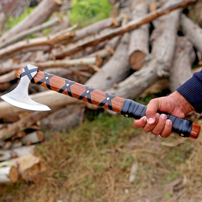 FH TRADERS Viking Axe of Ragnar Lothbrok Hunting Axe with Rosewood Handle - Hand-Forged High Carbon Steel Sharp Blade, Handmade Camping Axes, Hatchet-Norse Ax, Tomahawk Vikings Bearded Axes, with Leather Sheath - Image 4